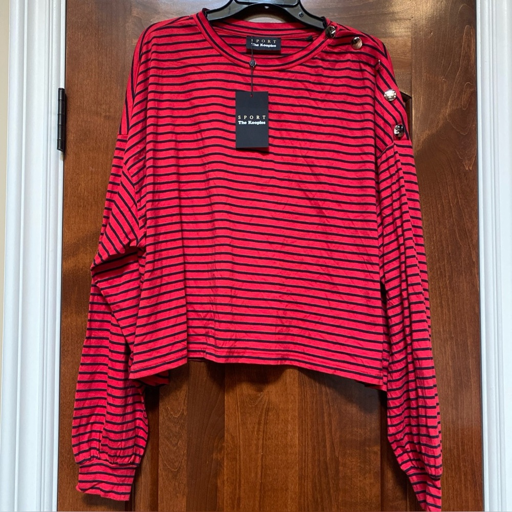 The Kooples Sport Oversized Long Sleeve Striped T-Shirt Red Black Fr 2 US 6 NWT